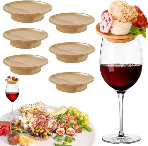 HOIDOKLY Wine Glass Charcuterie Topper, Charcuterie Wine Glass Topper, Bamboo Wine Glass Topper Charcuterie Plate, Wine Glass Topper Appetizer Plates (6PCS)
