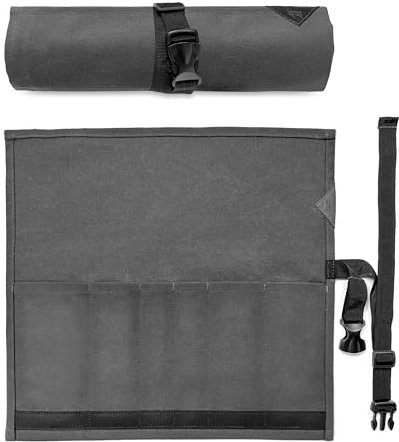 Under NY Sky Knife Roll Case - 5 Slots - Heavy Duty Waxed Canvas Pouch - Leather Reinforced - Portable Bag for Cooking Tools, Utensils, Cutlery Knives, Brushes - Chefs, Kitchen, Travel, Gift - Gray