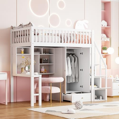 Dolamaní Letto a soppalco per bambini con scrivania e armadietto, 90 x 200 cm, protezione per culla e spazio di archiviazione, scale, cassetti e mensole, letto singolo in legno massiccio, bianco