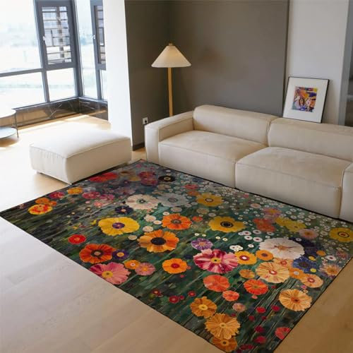 HOBBOY Boho Stil Teppich Bunte Blumen Bereich Teppiche Vintage Blumenteppich für Wohnzimmer Schlafzimmer Arbeitszimmer Klimt Stil Gemälde Bodenmatte 60 x 100 cm