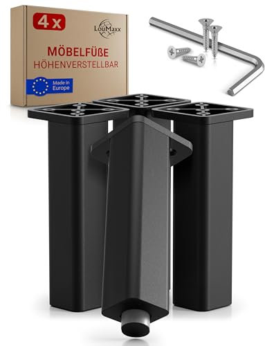 LouMaxx Pieds de Meuble réglables – Lot de 4 Pieds 38x38x150 mm en Noir avec Plaque de Fixation – Pieds pour armoires et Meubles DIY personnalisés