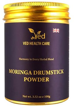 Poudre de biologique de Ved, bâtonnet de moringa pur biologique riche en vitamines et minéraux essentiels, parfait pour la cuisine, les smoothies, les lattes et le thé au moringa, 100 g