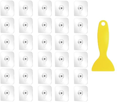 30 Pcs No More Nails, Picture Hooks and with 2 Scrapers, Transparent Waterproof Picture Hanging No Nail, Heavy Duty Adhesive Picture Hooks for Pictures, Frames and Wall