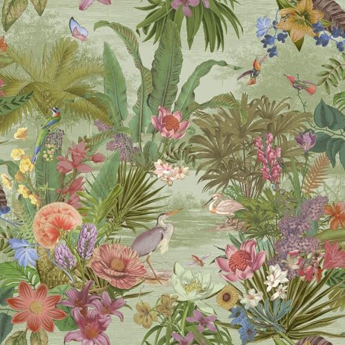 Floral Hall Green Wallpaper - Flowers Botanical Birds Leaves Naturistic - Stylish Feature Wall Textured Paste The Wall
