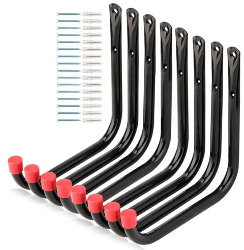Moundnaik 8 Stück Robuste Garagen-Aufbewahrungshaken, 17cm Wandhaken Leiterhaken für Gartenwerkzeug, Fahrrad, Stuhl, Schlauch, Außen- oder Innenbereich (Schwarz + Rot, 17cm x 17cm)