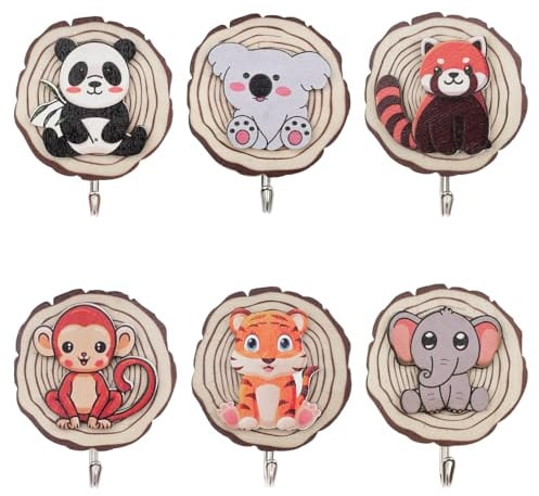 YunBey Ganchos adhesivos de madera con diseño de animales infantiles | Pack de 6 piezas. Ideal para habitación infantil, baño y cocina
