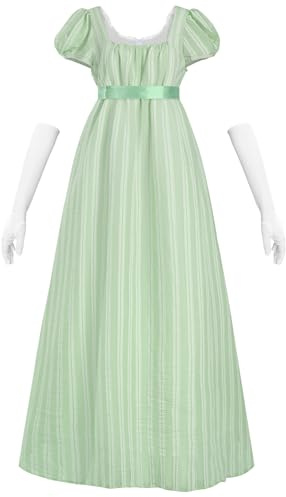 CR ROLECOS Women's Regency Dress Victorian Jane Austen Long Vintage Dress Victorian Regency Era Ball Gown with Gloves Empire Waist Dress