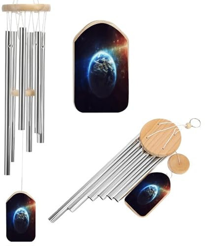 Windspiel für draußen, Weltraum, Planet, Erde, bedruckt, beruhigende melodische Töne, Windspiele für draußen, Terrasse, Haus oder Garten, Dekoration, 52,1 cm, 6 Aluminium-Legierungs-Metallrohre