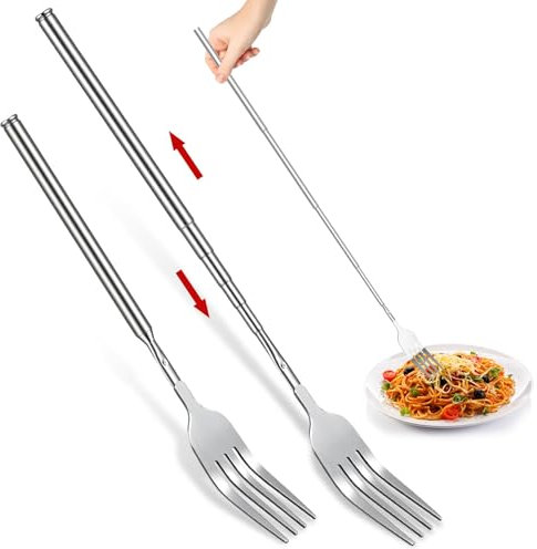 2PCS 64.6CM Extendable Fork, Stainless Steel Telescoping Retractable Fork Extending Fork Long Fork, Telescopic Long Handled Forks for Eating for Dinner, Fruit, Dessert Fork 8.6 to 25.4