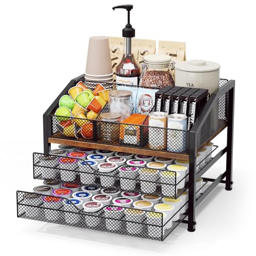 Homsorout Cajón para tazas K, organizador de cápsulas de café para mostrador, cajón de almacenamiento resistente con estante para tazas, soporte para cafetera, organizador de encimera de cocina para