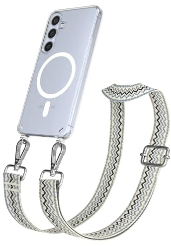 EAZY CASE Handykette - Verstellbares Taschenband kompatibel mit Galaxy S24, Schulterriemen, Handykordel mit Silikon Hülle, Qi Charging kompatibel, Umhängetasche, Wellen - Beige Blau Metall Silber