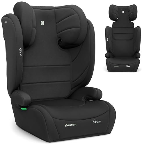 KikkaBoo i-AID Kindersitz 15–36 kg ohne ISOFIX, Gruppe 2-3 (100–150 cm), von 3,5 bis 12 Jahren, i-Size, 13-fach verstellbare Kopfstütze, Schwarz