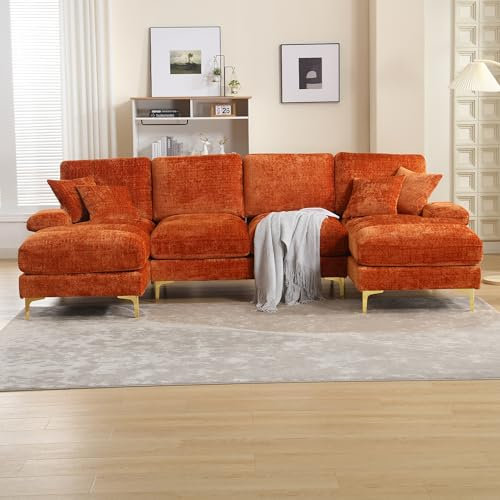 Sofa mit Schlaffunktion, Big Sofa 4 Sitzer U Form Modernes Design, Polstermöbel Loungesessel mit doppelten Liegesitzen , Wohnzimmer Möbel Schlafsofa für Wohnzimmer Wohnung Villa, Chenille Orange