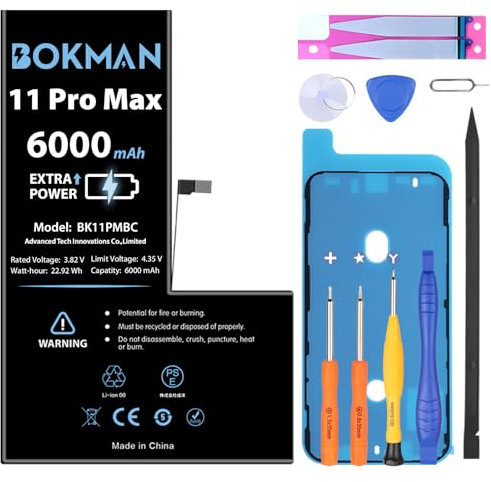 bokman Battery Replacement for iPhone 11 Pro Max, High Capacity 6000mAh Lithium Polymer Battery with All Tool Kits and Adhesive Strips