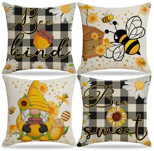 Yarteim 4er Set Kissenbezug 45 x 45 cm Frühling Kissenbezüge Bienen Wichtel Sommer Kissenhülle Leinen Zierkissenbezüge für Sofakissen Dekokissen Wohnzimmer Bett Sofa Schlafzimmer Frühling Deko