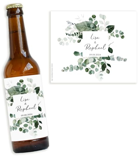 Mimi und Anton HOCHZEIT Personalisiertes Flaschenetikett |10x Aufkleber für Bierflasche Limo Weinflasche | Format 12x10 cm | Sticker Hochzeit, Eukalyptus Greenery Design