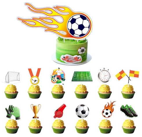 Pangogogo 25-teilige Fußball-Kuchen-Deko aus Papier – Tortendeko Fußball Set mit 1 großer Fackel-Fußball-Stecker & 24 Cupcake-Dekorationen für Kindergeburtstag & Fußballparty