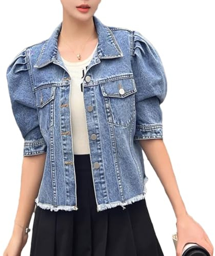 Vogrtcc Women’S Vintage Washed Blue Short Denim Jacket With Lapel And Puff Sleeve Casual Coat