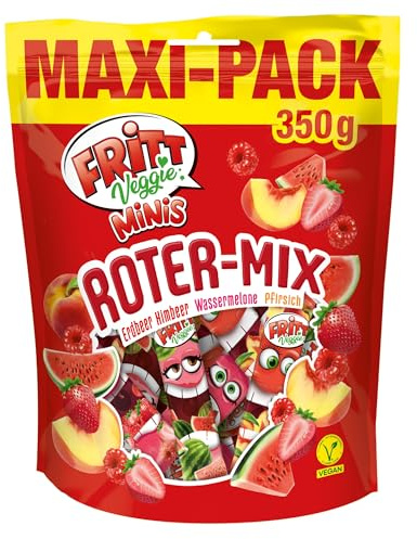 FRITT Minis Vegan Maxi-Pack 350g, Roter Mix mit veganen Sorten | Erdbeer & Himbeer, Wassermelone, Pfirsich