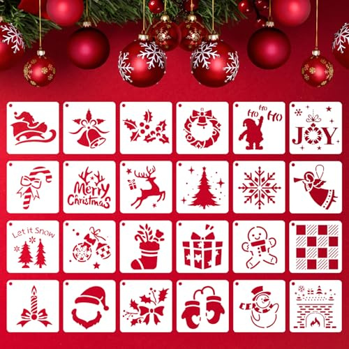 24 Pcs Small Christmas Stencils, 3 Christmas Stencils for Painting On Wood, Reusable Snowflake Santa ClausChristmas Tree Drawing Painting Holiday Stencil for DIY Card Craft Home Decor