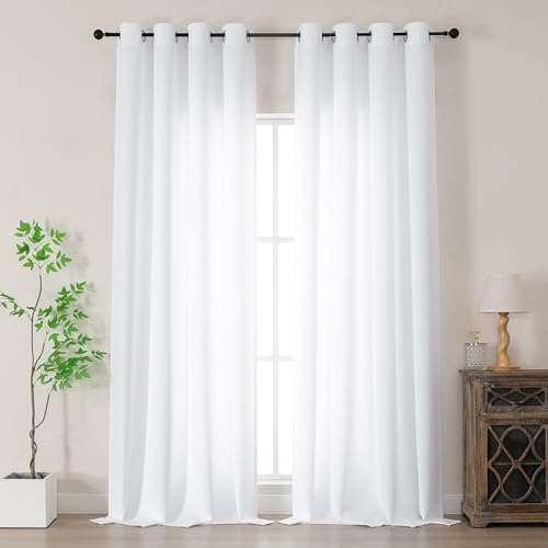 Simplebrand Gardinen Weiss Halbtransparent Vorhänge mit ösen Vorhang lang Modern Leinenoptik Halbtransparent Ösenvorhang für Wohnzimmer Kinderzimmer Raumteiler 2er Set, Weiß, H 300 x B 140 cm