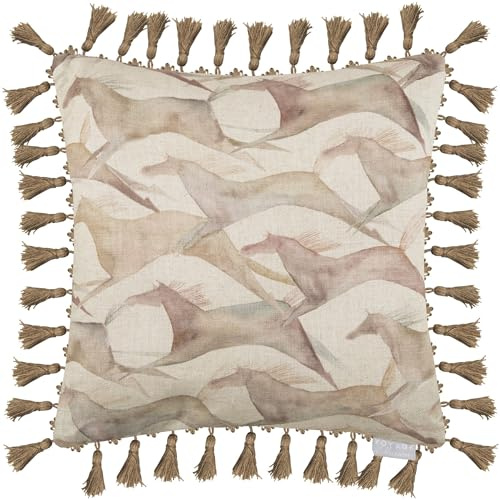 Voyage Maison Dakota Feather Filled Cushion – Tassled Linen Boho Watercolour Horse Decorative Pillow (Sepia - 50x50cm)