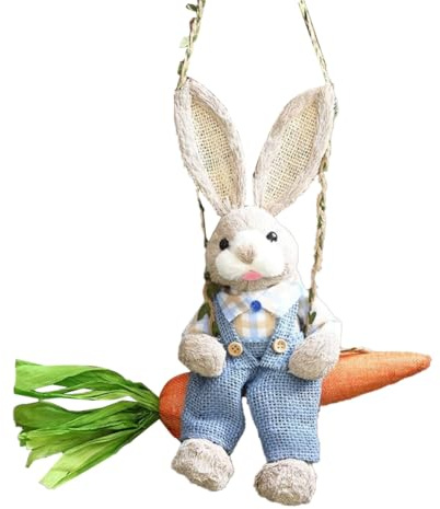 Sefdrert Easter Straw Bunny Figurine, Straw on Carrot Swing, Bunny Statue Hanging Ornament for Easter Holiday Home Decor Easy to Use B