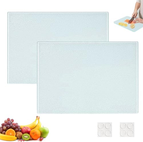 2 Stück Schneidebrett Glas, Schneidebrett aus Gehärtetem Glas 28 x 20 cm, Glasschneideplatte Rutschfeste Gummifüße, ohne Plastik, Glasschneidebrett, für Gemüse, Fleisch, Brot, Gemüse und Obst