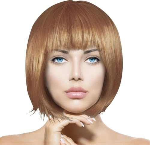 Trendandstylez Kurzhaar Perücke Damen bunt Set – Bob Wig mit Pony in 15 Farben | Fasching, Karneval, Party, Cosplay, Halloween, Mottoparty Party, Silvester, Charleston (Braun)