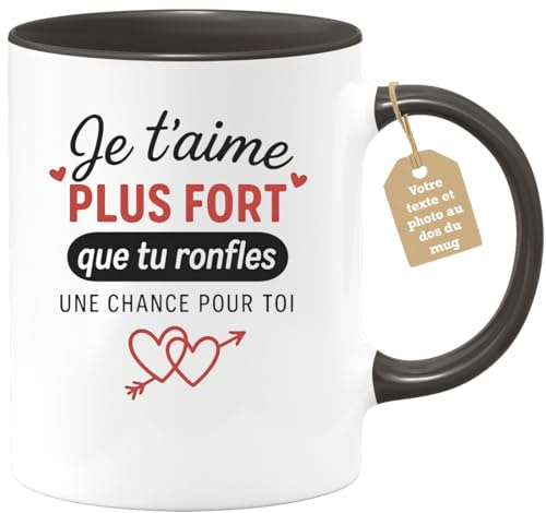 quotedazur Café-Croissant - Mug Saint-valentin Coeur - Tasse Romantique Idée Message Je T'aime Plus Fort Que Tu Ronfles Homme - Cadeau Original Pour Couple Amoureux Petit Ami Copain Mari - Noir/céram