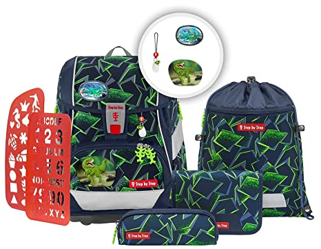 Step by Step Schulranzen-Set 2IN1 PLUS „Wild T-Rex Taro“, 10-teilig, grün, ergonomischer 19L Tornister, höhenverstellbar mit Hüft- und Brustgurt für Jungen ab der 1. Klasse