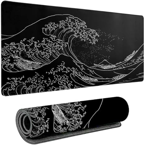 Tapis de Souris Japonais avec Vague de la mer Japonaise, 800 x 300mm (Noir) | Tapis de Souris XXL,3mm Base antidérapante en Caoutchouc,Mouse Pad,Tapis de Souris Noir pour Jeu,Bureau,Maison