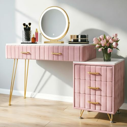 Rosa Schminktisch aus Samt, Luxuriöse Frisiertisch mit Vergoldete Griffe, Moderner Kosmetiktisch mit Spiegel, 5 Schubladenb und Schrank, Einfach zu Montieren für Schlafzimmer, 100cm × 40cm × 75cm