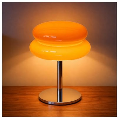 MMOBIEL Orange Pilz Lampe Mid Century Eiertarte Nachttischlampe mit Dimmbarem LED Licht & Kabel – Retro Lampe für Schlafzimmer, Wohnzimmer & Home Deko – Aus Glas, Warmes & Stimmungsvolles Licht