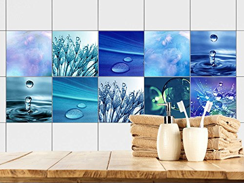 GRAZDesign Fliesenaufkleber Bad 10x10cm Wasser in Blau, wasserfest für Bad & Küche, Klebefliesen - Set 20 Stück