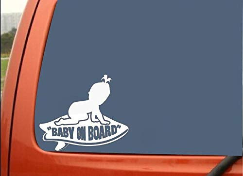 Stukk Stickers Baby Mädchen auf Surfbrett, lustiger Vinyl-Fensteraufkleber, wasserdicht, weiß, 17,8 cm x 15,2 cm
