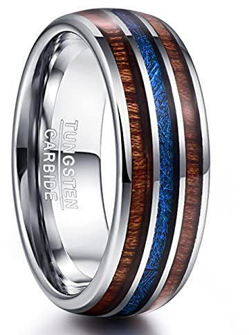 Vakki 8mm Unisex Wolframkarbid Ring 8mm Ehering Blue Imitation Meteorite und Hawaiian Wood Inlay Größe 67.2(21.4)