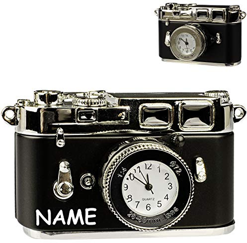 alles-meine.de GmbH kleine - Tischuhr/Miniatur - Uhr - Kamera - Spiegelreflexkamera - inkl. Name - aus Metall - 7,8 cm - batteriebetrieben - Analog - Batterie - schwarz - Zahle..