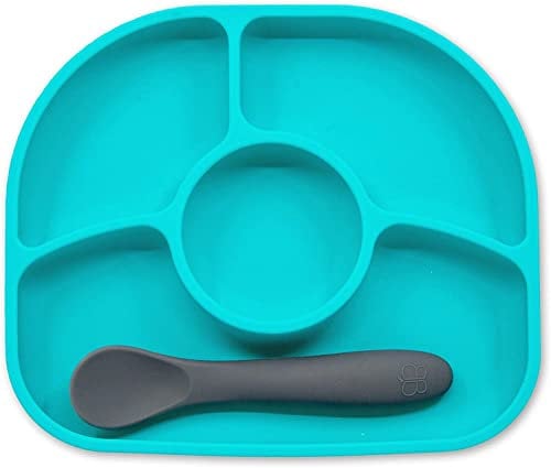 BBLUV Ensemble Yumi Bleu Ciel Cuillère et Assiette en Silicone Anti-Renversement pour Tout-Petit - Technologie Innovante de Ventouse pour Repas Autonomes et Propres