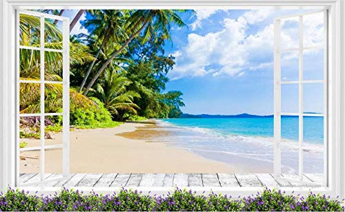 Tapete Fototapete 3d Effekt Weißes Fenster Strand Meerblick Tapeten Vliestapete Wandbilder Wandtapete Wohnzimmer Schlafzimmer Wanddeko 350cmx256cm
