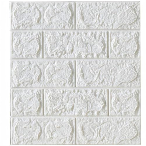 nozama 10PCS 3D Brick Effect Self Adhesive Wallpaper, Peel and Stick Wall Panels 3D Wall Tiles, for Bathroom, Living Room, Kitchen, 35×38.5 cm, White Brick