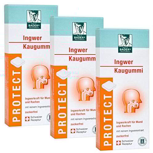 BADER PROTECT della farmacia. Le gomme da masticare allo zenzero. Con le sostanze pungenti dei gingeroli. 3 x 20 quadratini di gomma da masticare