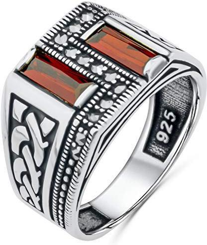 Herren-Bandring aus massivem 925er-Sterlingsilber, türkisch, handgefertigt, Baguetteschliff, künstlicher roter Rubin und Markasit-Stein, Metall Metall: Steine, Künstlicher Rubin