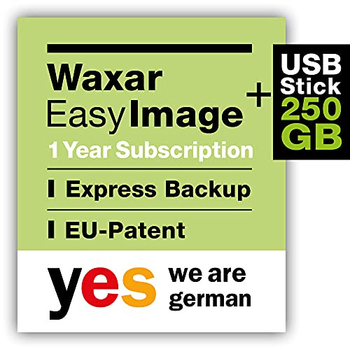 Waxar EasyImage-250 Bundle, High-End Backup Software inklusive Speicher 256GB, läuft sofort ohne Installation, kompatibel mit Windows | Mac | Linux, Laptop-Edition, 1 Gerät, 1 Year Subscription, DE