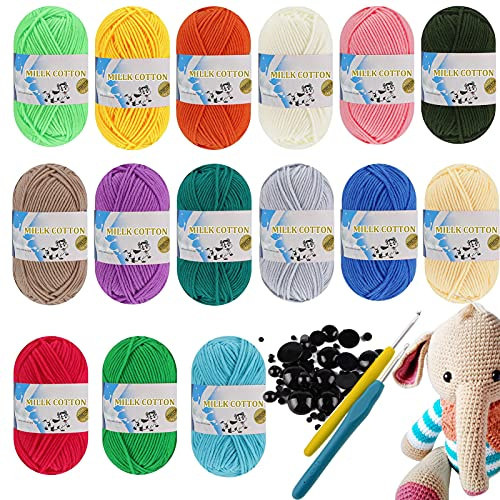 Wensdr 15 Packungen Acrylgarnkugel mit Häkelnadel und Spielzeugaugen, 15 Farben x 50 g, bunte Baumwollfäden und Bastelaugen für Häkeln & Stricken, Häkelnadel-Set