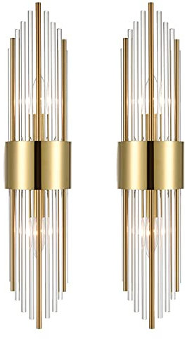 SHAWNKEY ZASTION 2-Light Modern Brushed Titanium Gold Wall Sconce with Clear Glass Crystal Luxury Wall Light Fixtures for Bedroom Living Room Bathroom Vanity Mirror Light Fixtures Set of 2