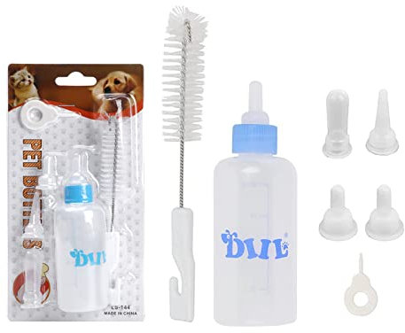 LAIYOHO Kitten & Puppy Feeding Bottle Kit with 4 Nipples & Brush | 60ml Pet Feeding Dispenser Tool for Newborn Kittens, Puppies,Rabbits, Essential for Whelping Kits & Small Pet Care
