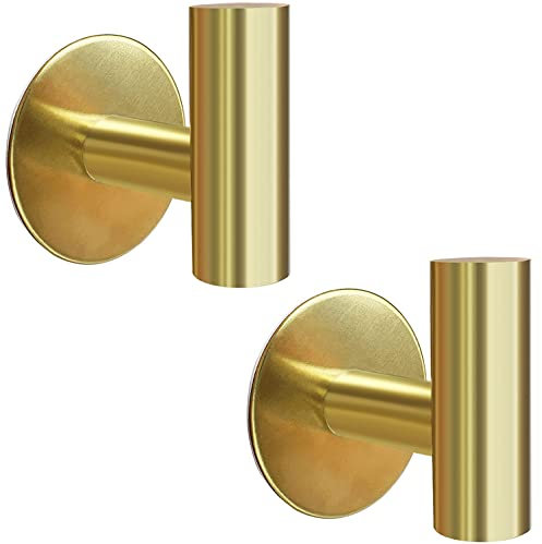 Mairhie Confezione da 2 ganci adesivi per asciugamani, in acciaio inox, resistenti, colore oro, per asciugamani, accappatoi, cappelli, spugne, chiavi, per cucina, camera da letto, bagno, porta (oro)