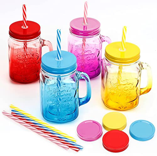 YHANEC Mason Jars with lids and Straws, 4 Set Iced Coffee Cup with Handles, 15 oz, 8 Straws, 4 Straw Hole Lids/Sealing Lids, Reusable, for Partys, Smoothies, Cocktails