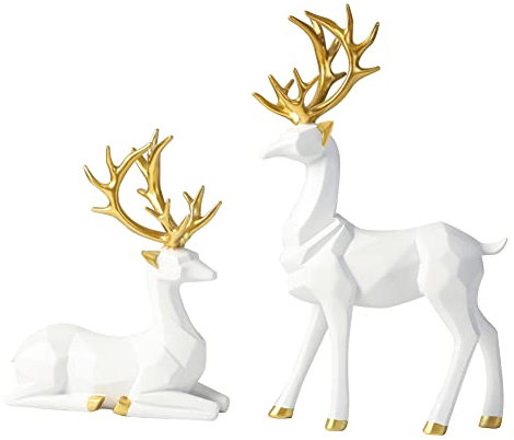 Herbests 2 Stück Nordische Origami Hirsch Ornamente Weihnachts Rentier Figuren Geometrische Harz Sitzend Stehend Elch Statue Modell Skulptur Sammlung Geschenke TV Schrank Hausdekoration Mittel Weiß